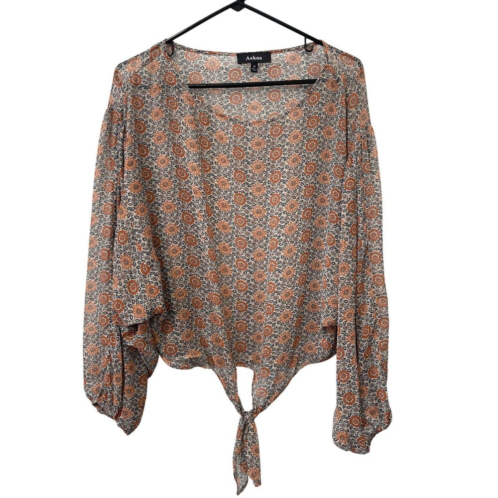 Aakaa Blouse Size Small Floral Long Sleeve Tie Front Peach Navy Boho Cottagecore